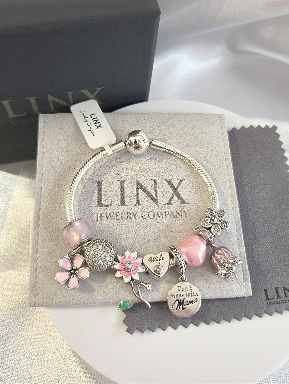 Linx Silver Snake Chain Bracelet with Pink Wife and Mama Themed Charms